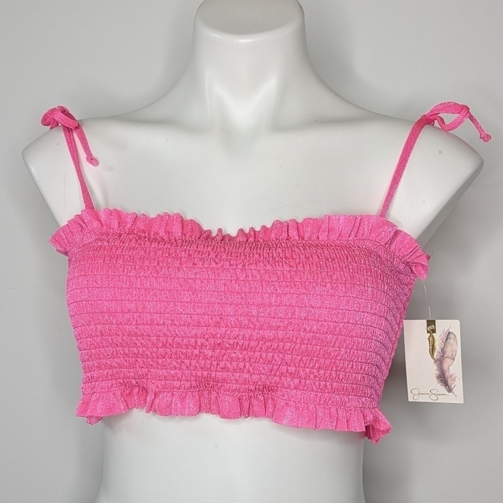 NWT Jessica Simpson pink shimmer strappy tube top padded bikini top L